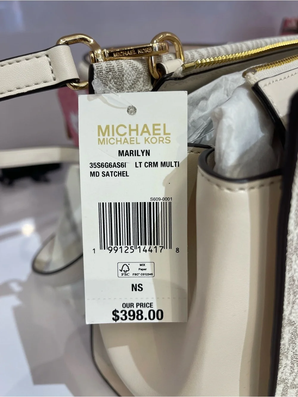Michael Kors Marilyn Medium Embellished Signature Logo Satchel Light Cream  NWT